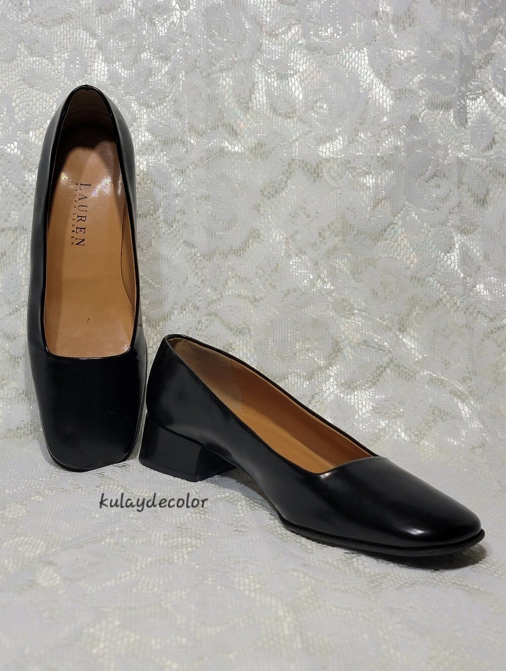 Ralph Lauren Classic Black Leather Pump Shoes Square Toe Block Heel Shoes 6.5 B